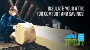 A technician is insulating an attic to improve a household's comfort and savings.
