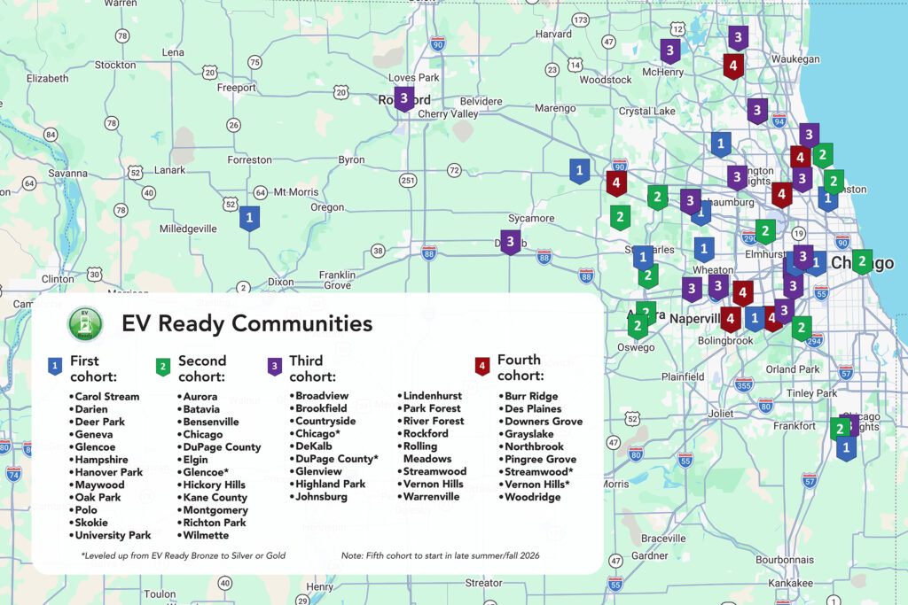 A map showing where the EV Readiness Program past cohort communities are located